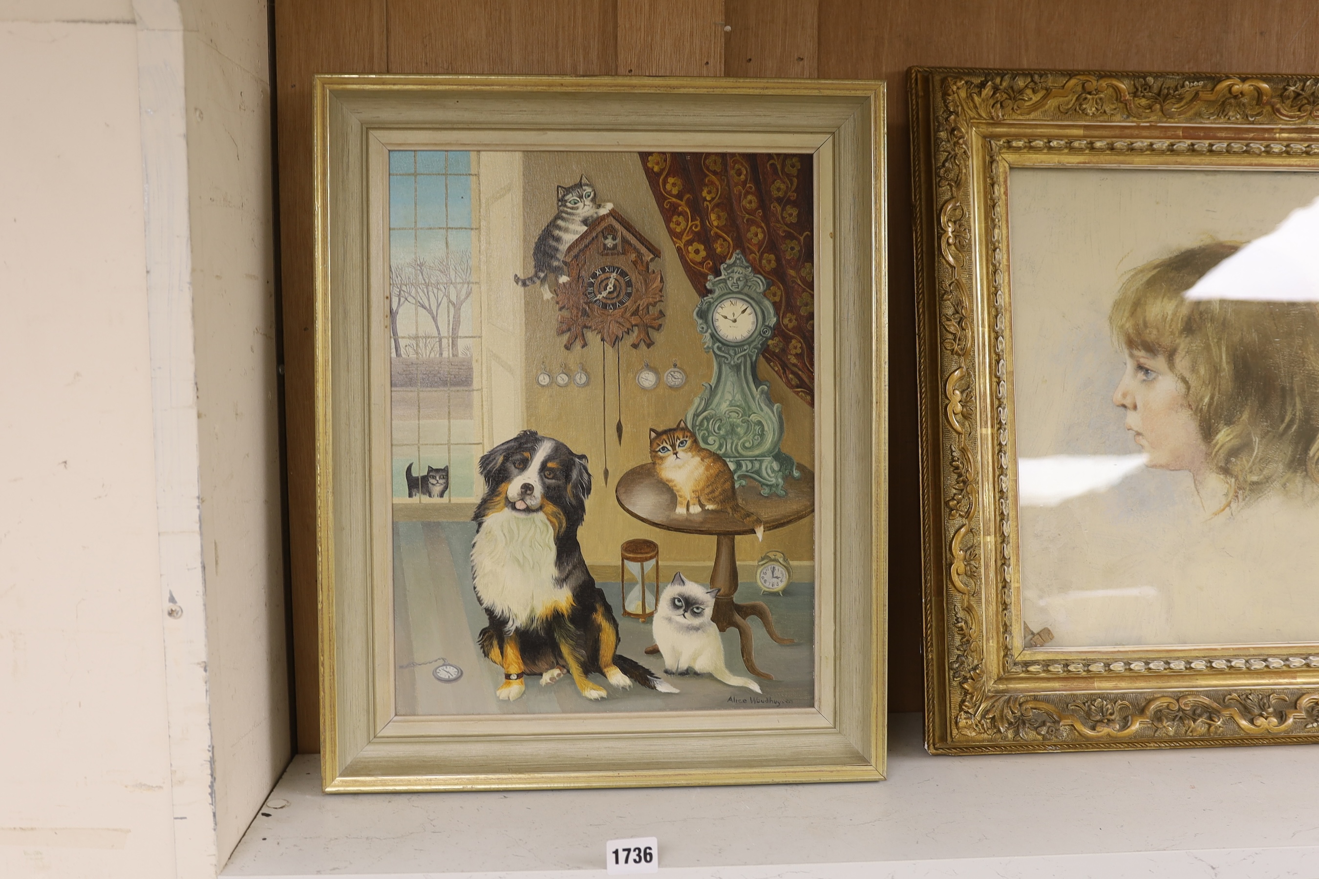 Alice Woudhuysen (Contemporary), oil on board, Interior scene with collie, cats and clocks, signed, 40 x 30cm